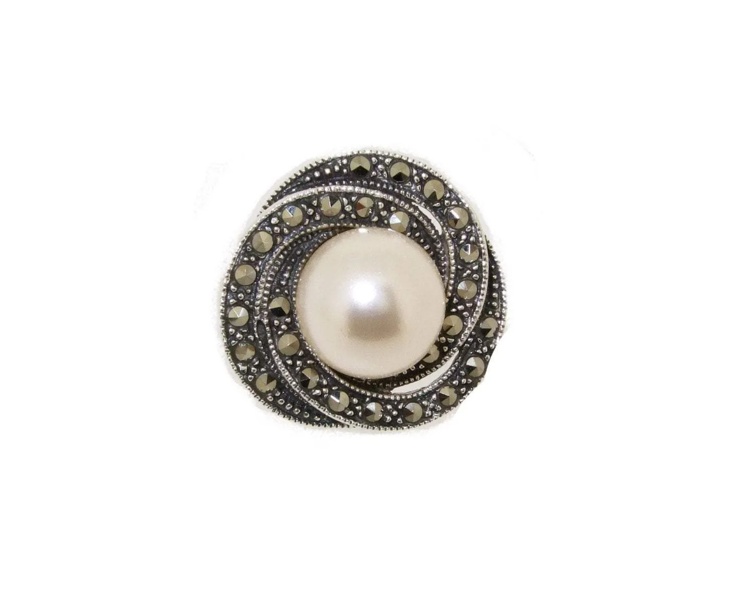 Art Deco Ring Silver Glass Pearl Marcasite