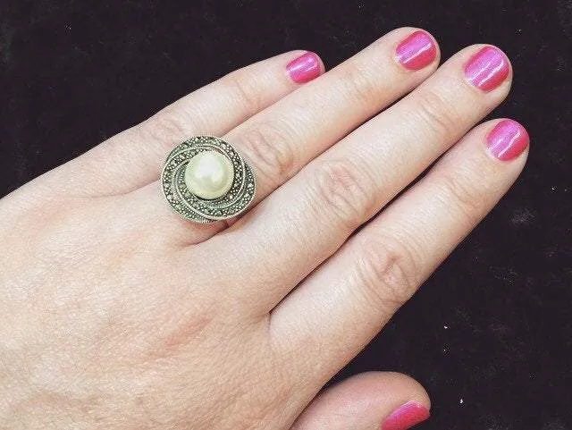 Art Deco Ring Silver Glass Pearl Marcasite