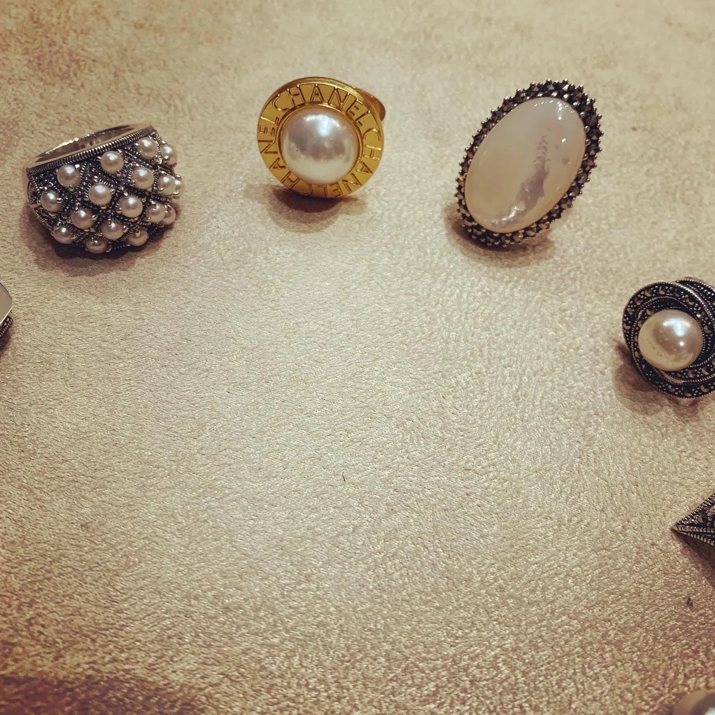 Art Deco Ring Silver Glass Pearl Marcasite