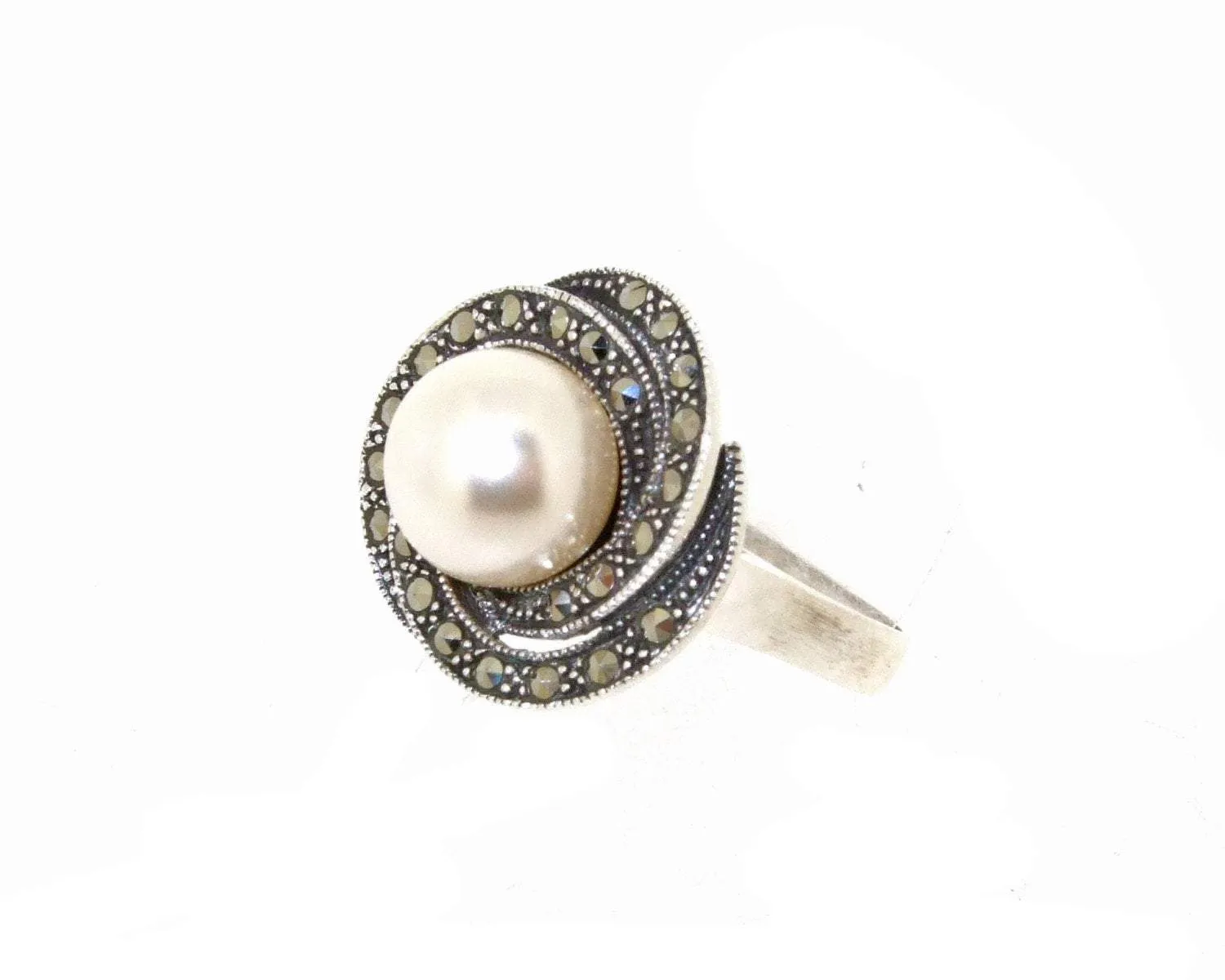Art Deco Ring Silver Glass Pearl Marcasite