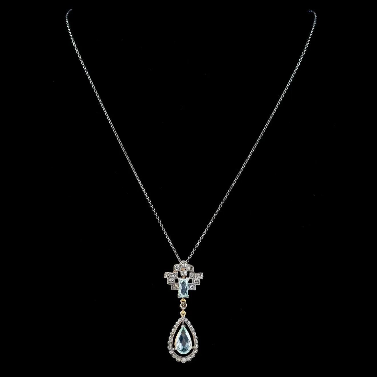 Art Deco Style Aquamarine Diamond Pendant Necklace Silver 18ct Gold 3.30ct Of Aqua