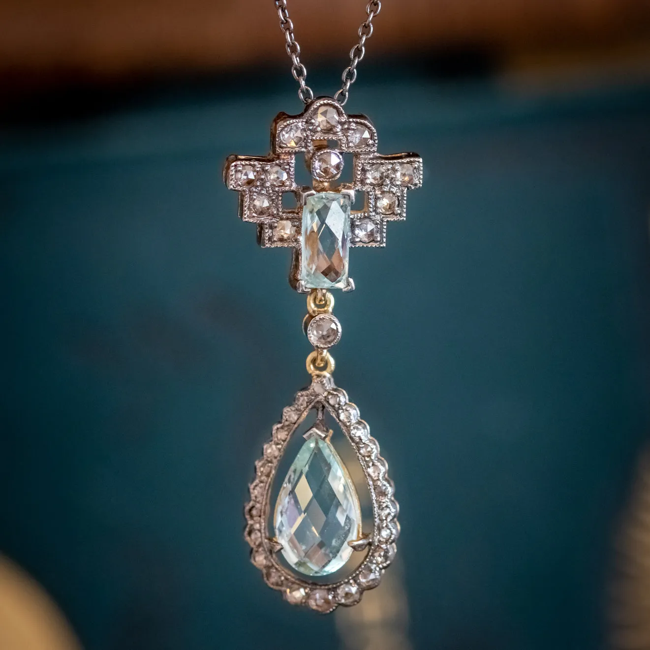 Art Deco Style Aquamarine Diamond Pendant Necklace Silver 18ct Gold 3.30ct Of Aqua