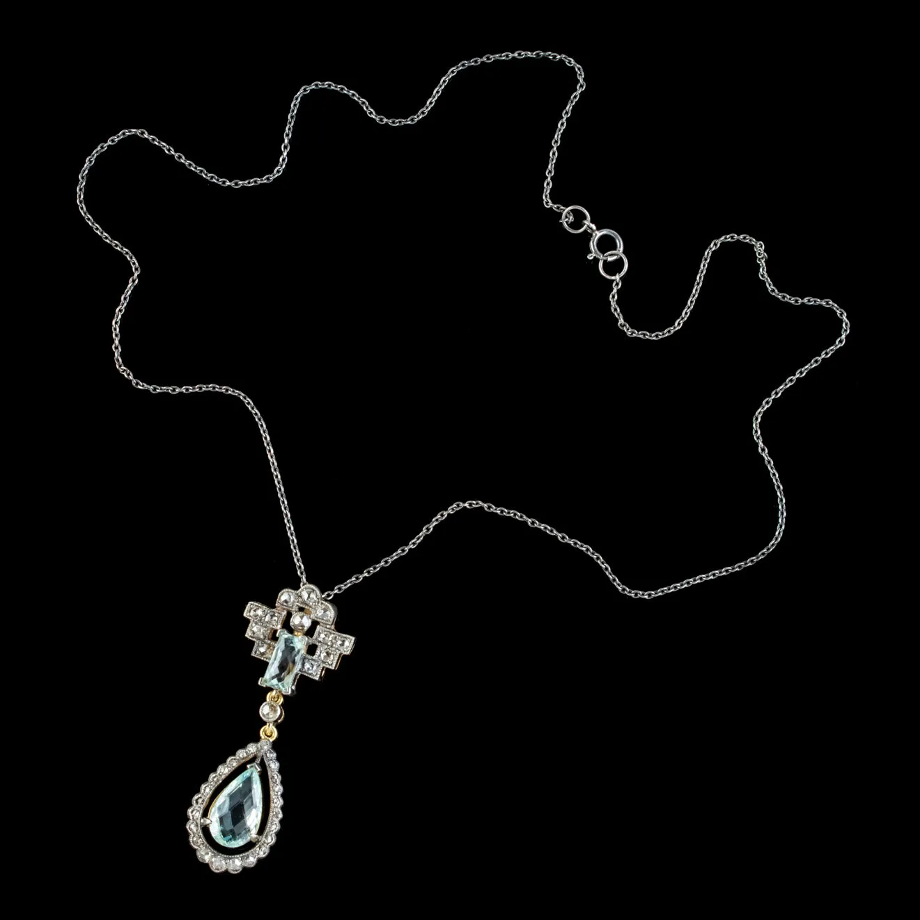 Art Deco Style Aquamarine Diamond Pendant Necklace Silver 18ct Gold 3.30ct Of Aqua