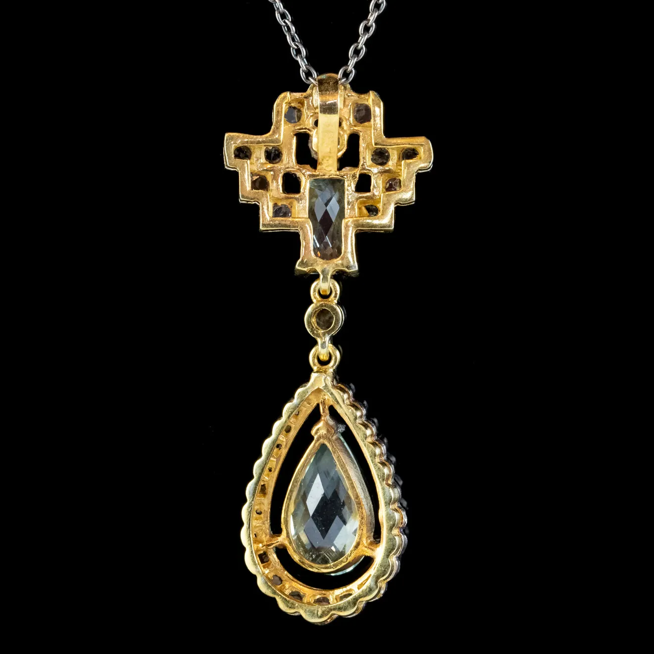 Art Deco Style Aquamarine Diamond Pendant Necklace Silver 18ct Gold 3.30ct Of Aqua