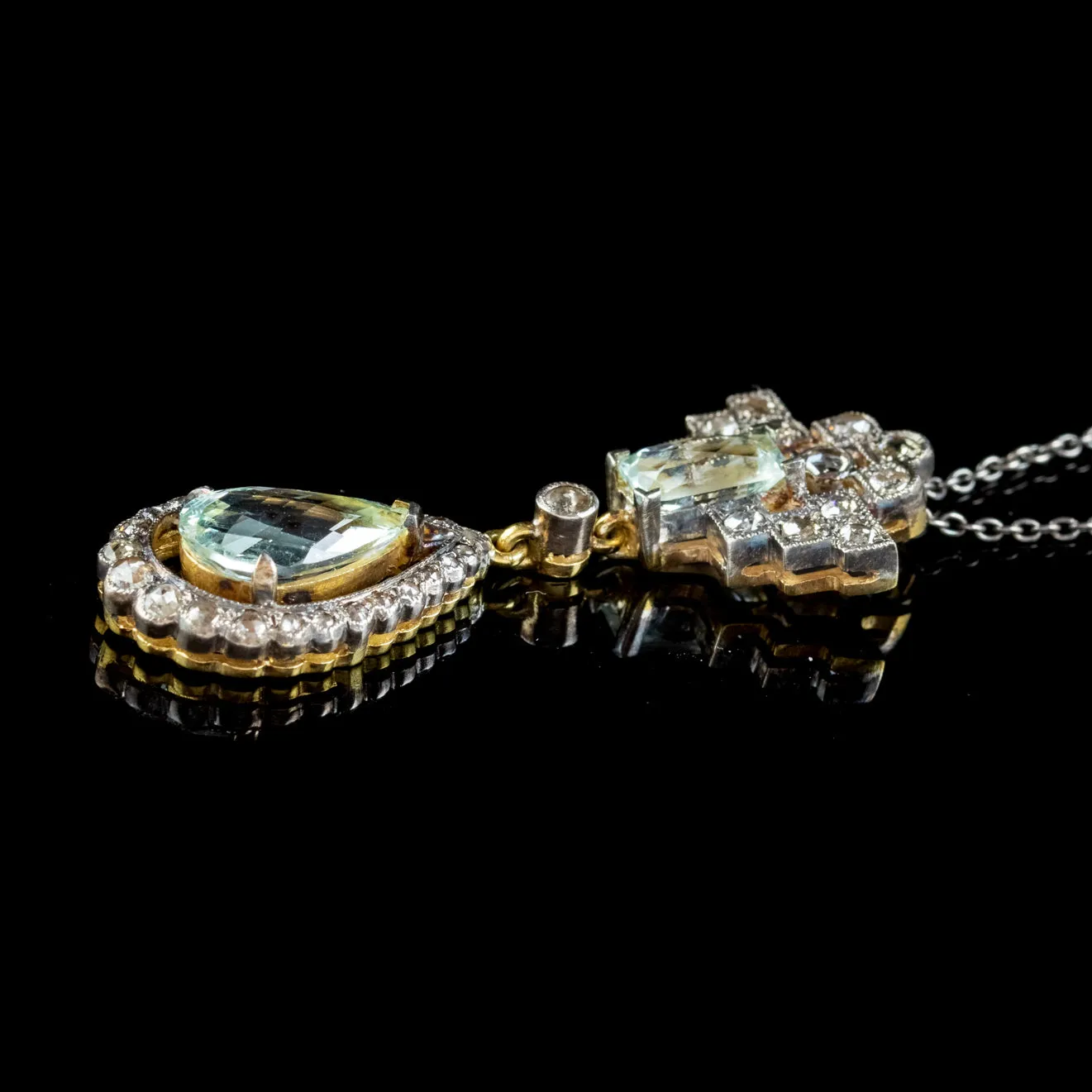 Art Deco Style Aquamarine Diamond Pendant Necklace Silver 18ct Gold 3.30ct Of Aqua
