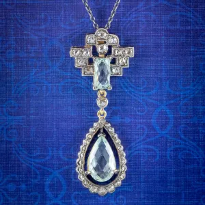 Art Deco Style Aquamarine Diamond Pendant Necklace Silver 18ct Gold 3.30ct Of Aqua