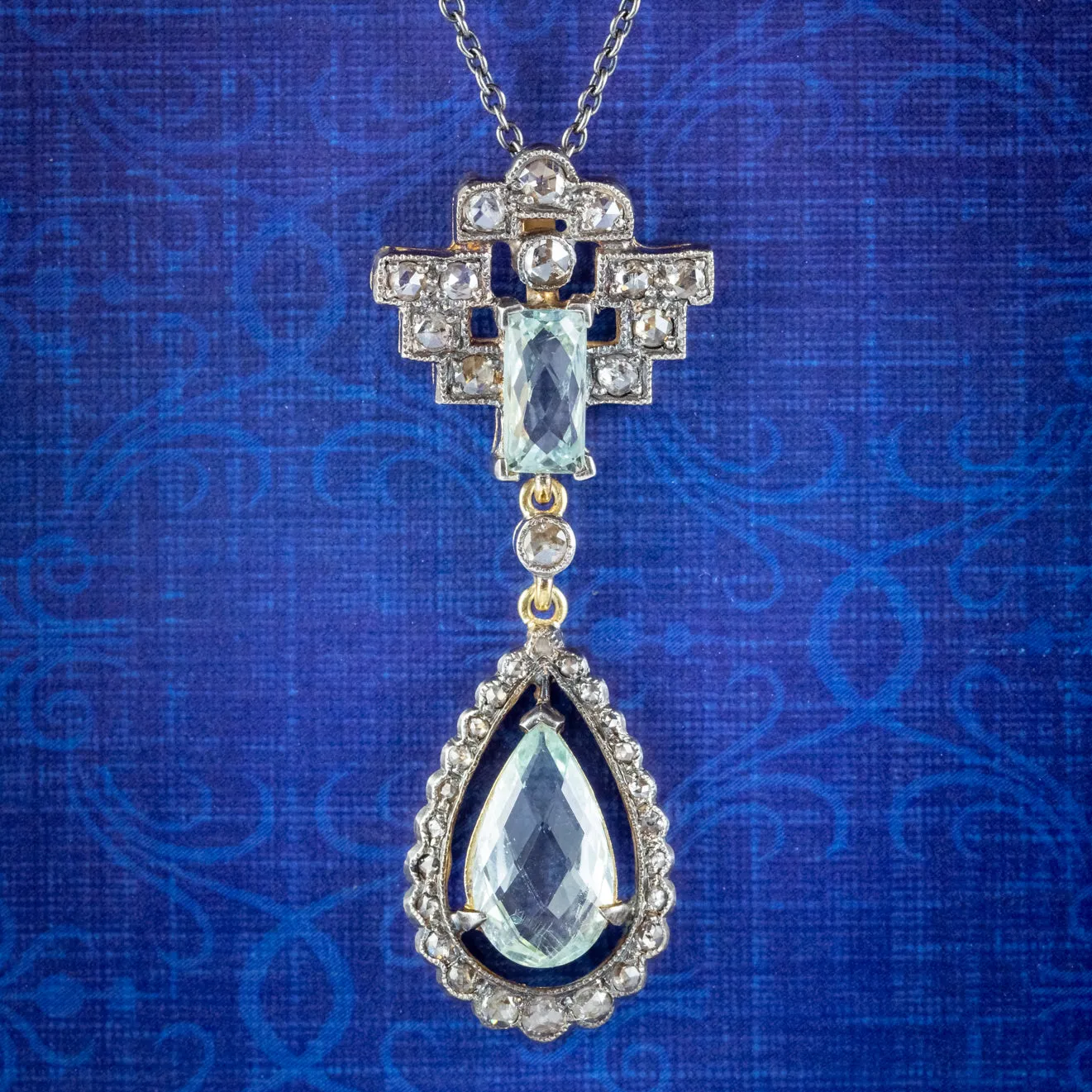 Art Deco Style Aquamarine Diamond Pendant Necklace Silver 18ct Gold 3.30ct Of Aqua