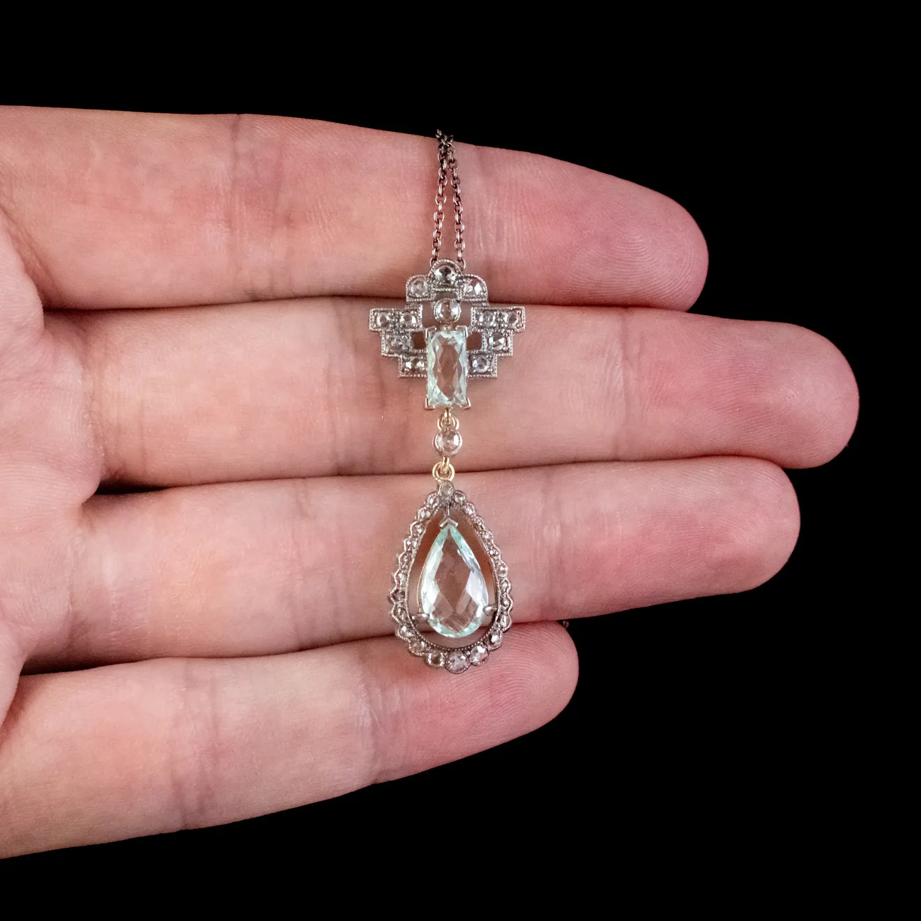 Art Deco Style Aquamarine Diamond Pendant Necklace Silver 18ct Gold 3.30ct Of Aqua