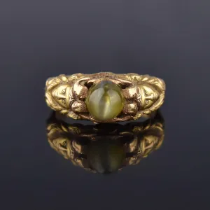 Art Nouveau 18K Gold Cat's Eye Chrysoberyl Ring, Figural Faces