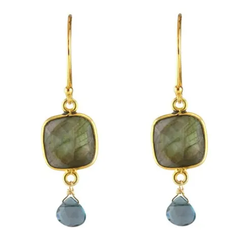 AVF Gold Square Bezel Labradorite & Blue Topaz Earrings (SI6804)