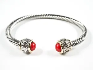 Beautiful Cable Wire Band Design Red Coral  Duo Stone Ends Brass Cuff Bangle