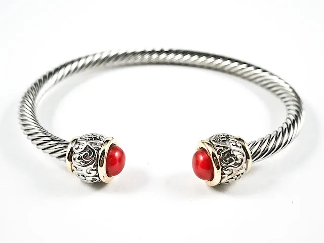Beautiful Cable Wire Band Design Red Coral  Duo Stone Ends Brass Cuff Bangle