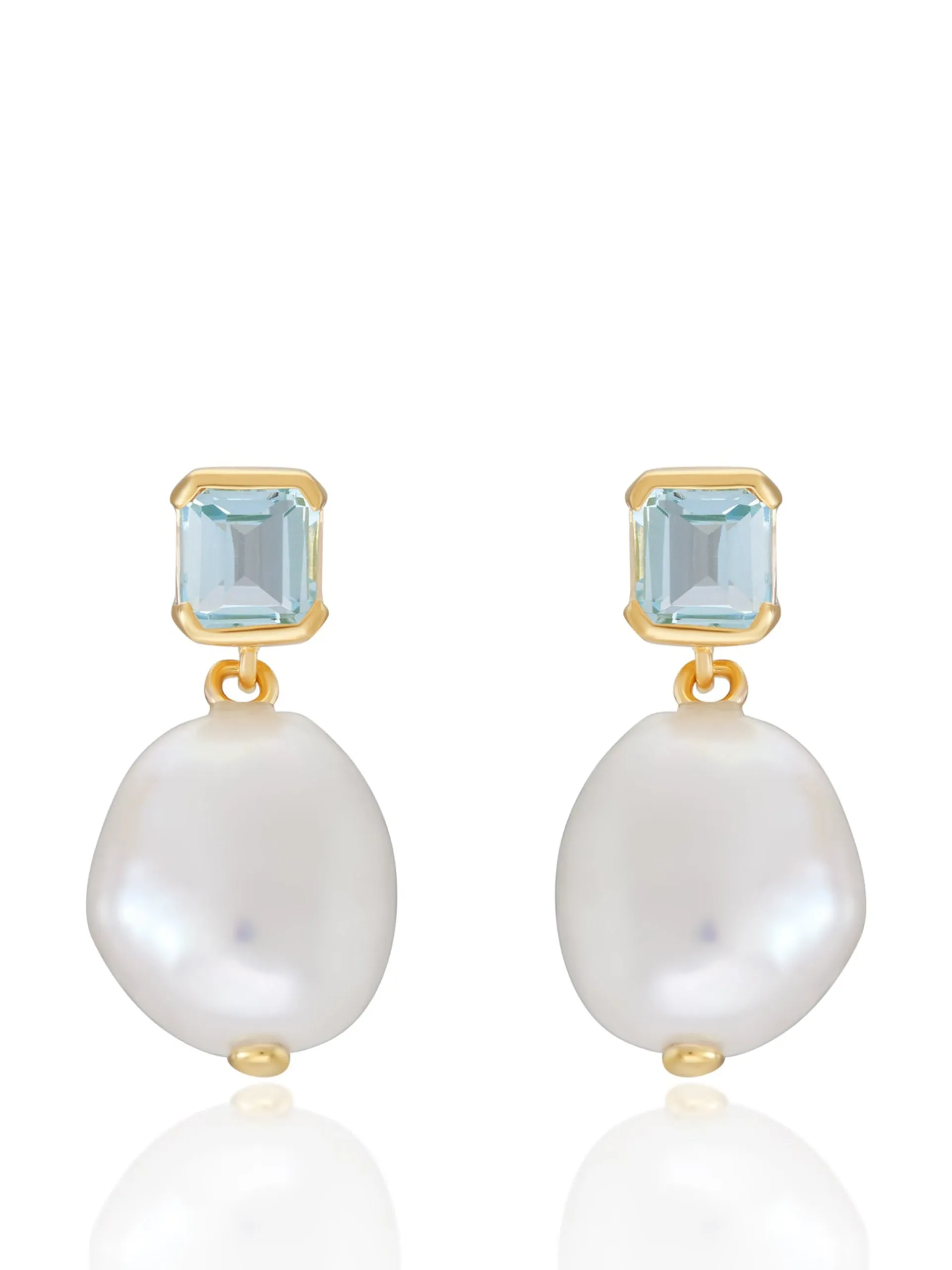 Elegant Gold Baroque Pearl Drop Earrings with Blue Topaz Accents