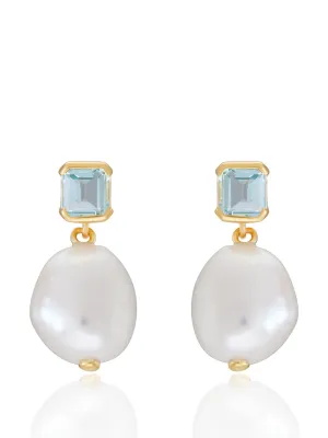 Elegant Gold Baroque Pearl Drop Earrings with Blue Topaz Accents