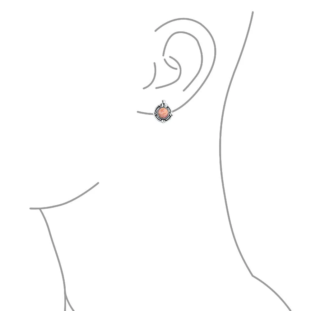 Bezel Moonstone Gemstone Ornate Round Stud Earrings Sterling Silver