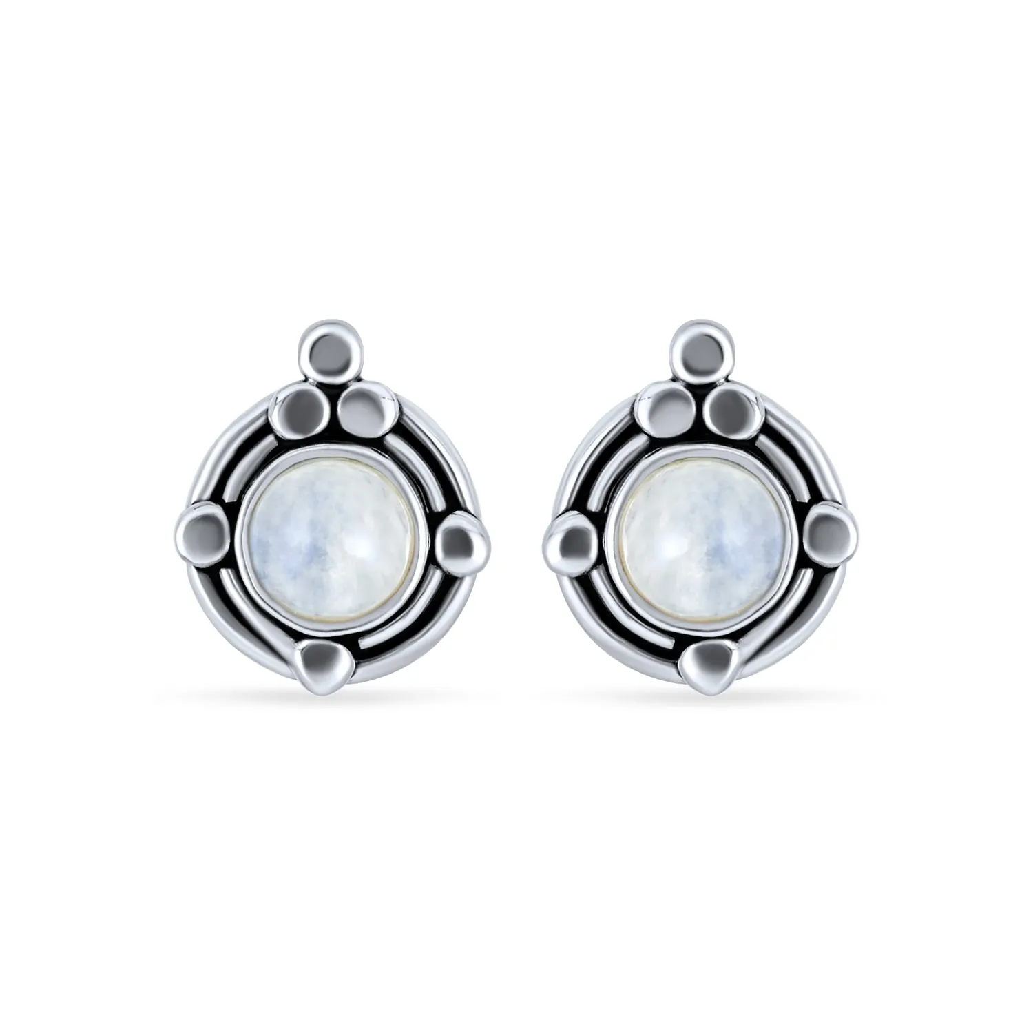 Bezel Moonstone Gemstone Ornate Round Stud Earrings Sterling Silver