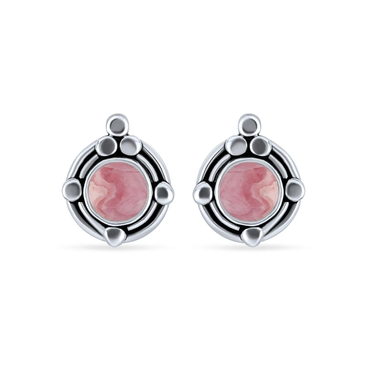 Bezel Moonstone Gemstone Ornate Round Stud Earrings Sterling Silver