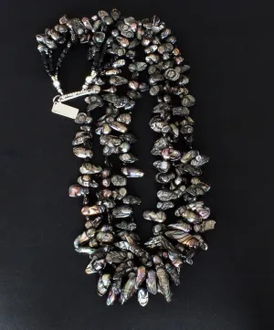 Black Keishi Pearl 3-Strand Necklace with Vintage Czechoslovakian Nailheads, Gunmetal Glass Bicones and a Sterling Silver Toggle Clasp