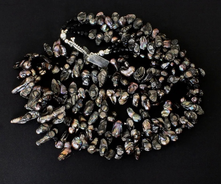 Black Keishi Pearl 3-Strand Necklace with Vintage Czechoslovakian Nailheads, Gunmetal Glass Bicones and a Sterling Silver Toggle Clasp