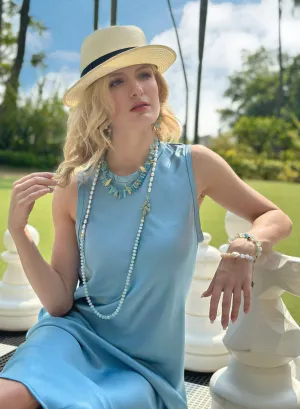 Blue Aquamarine and Freshwater Pearls Long Necklace JN044