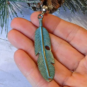 Blue Patina Curved Feather Pendant
