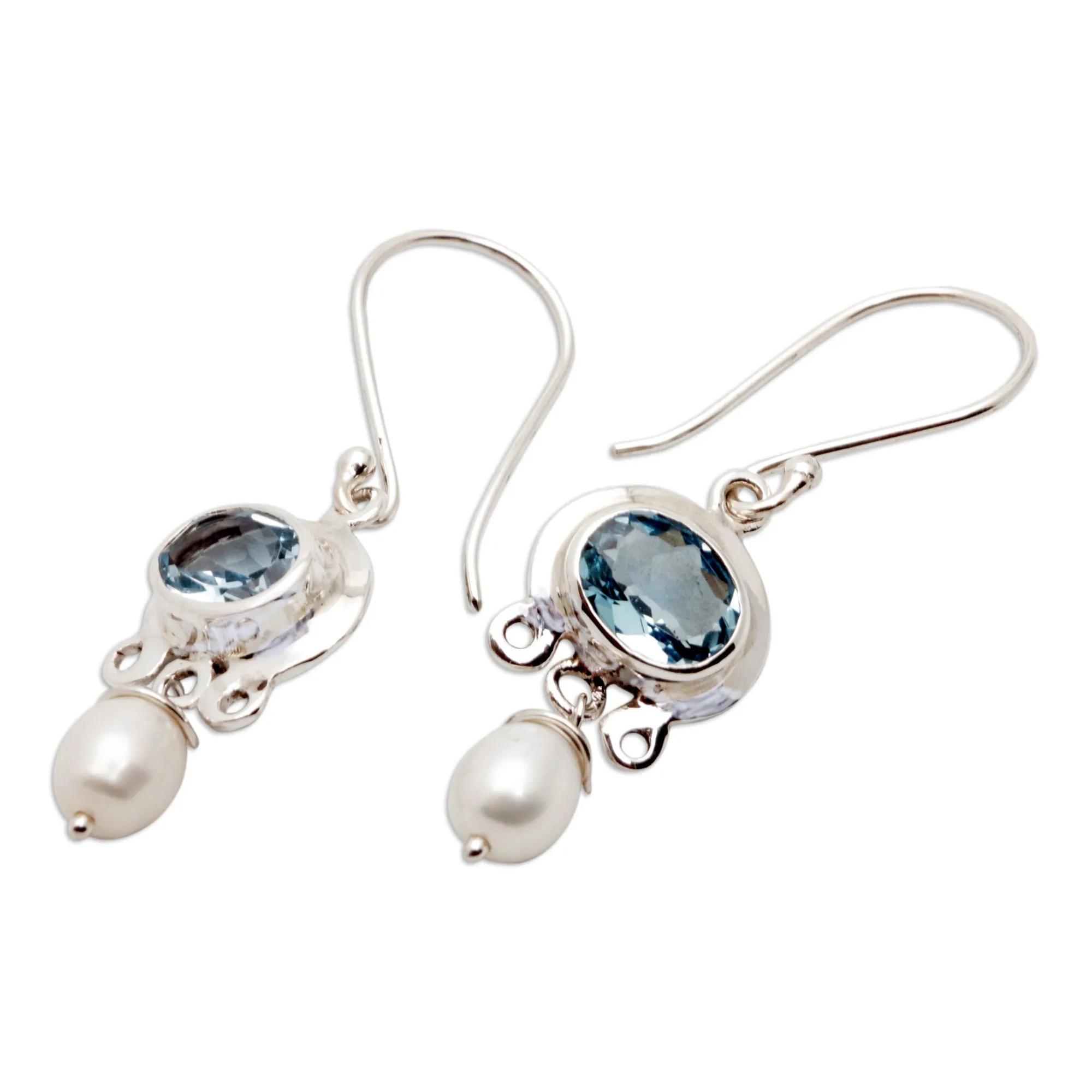 Blue Topaz and Pearl Silver Dangle Earrings - Sky Fantasy | NOVICA