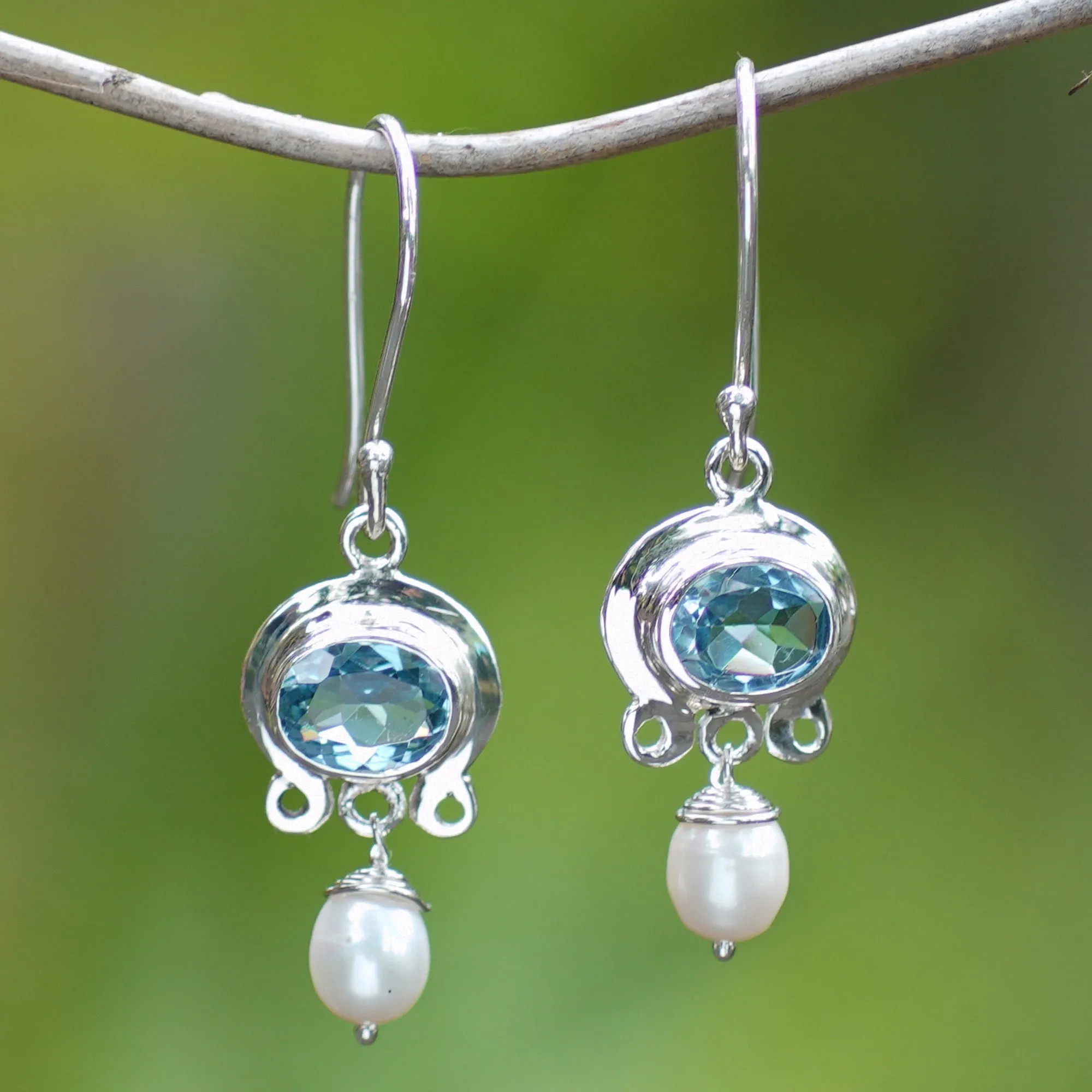 Blue Topaz and Pearl Silver Dangle Earrings - Sky Fantasy | NOVICA