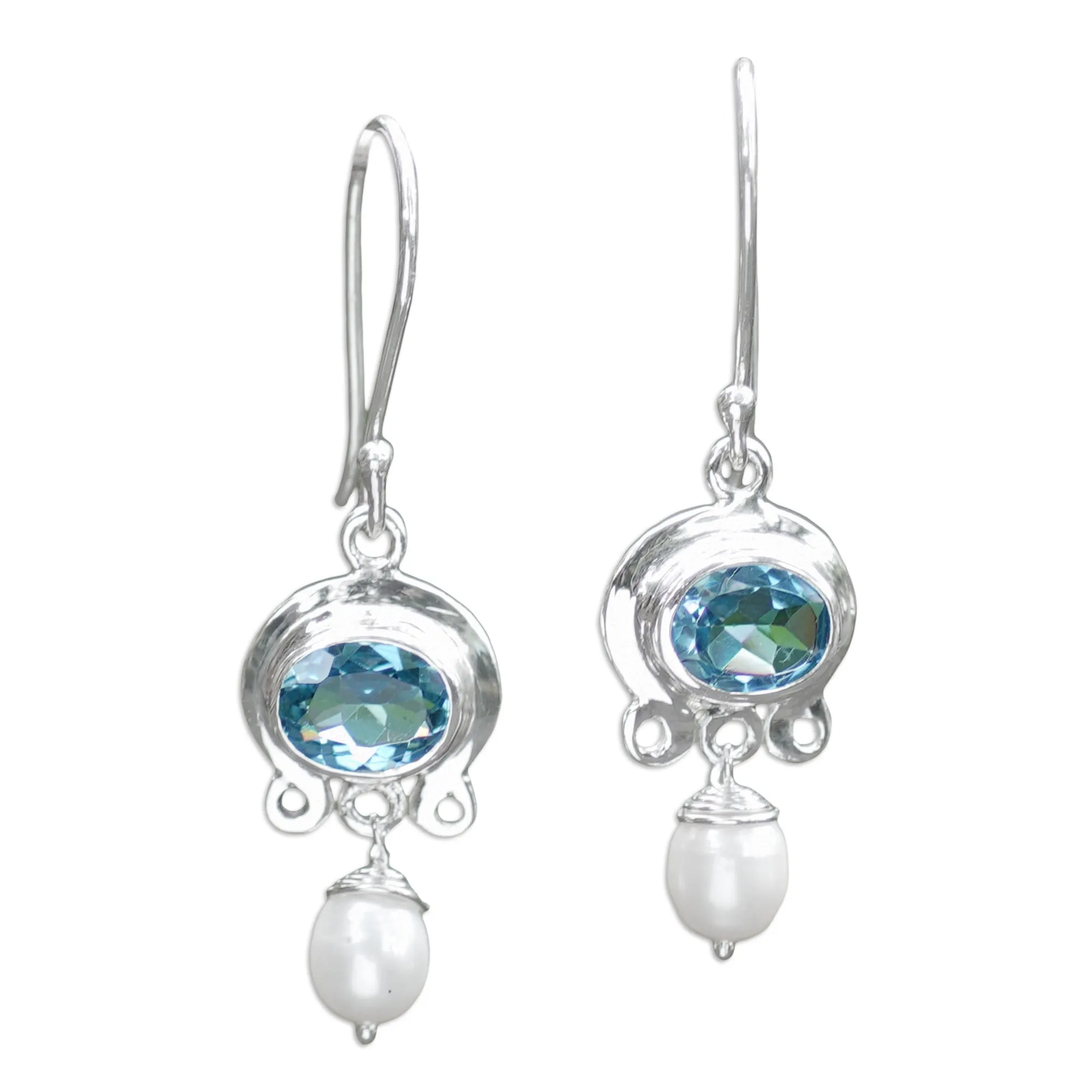 Blue Topaz and Pearl Silver Dangle Earrings - Sky Fantasy | NOVICA