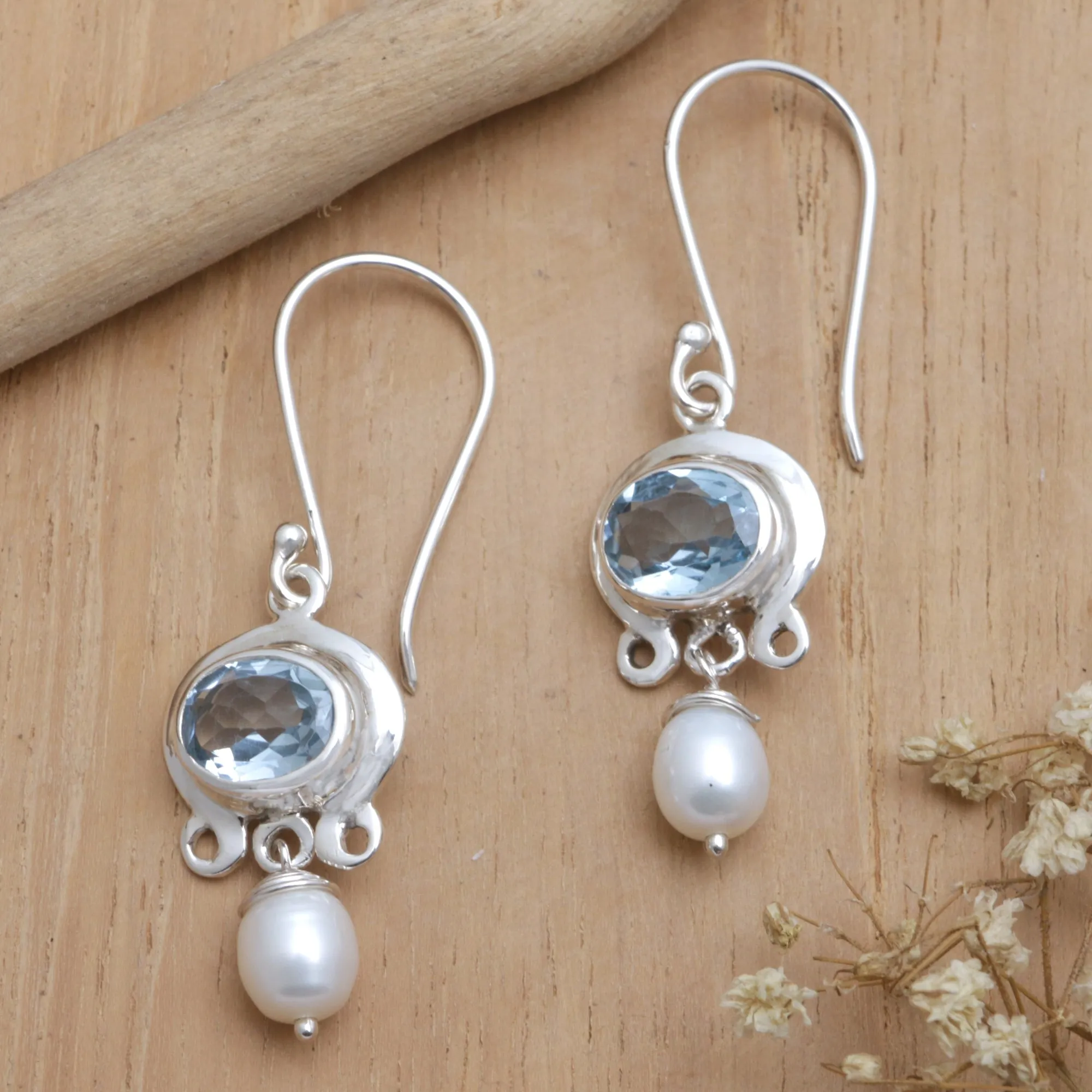 Blue Topaz and Pearl Silver Dangle Earrings - Sky Fantasy | NOVICA