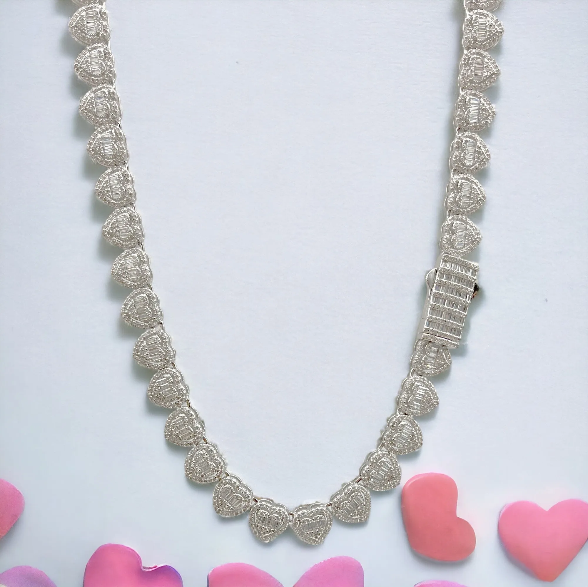 Brass 10MM Clasp Clock Heart Shaped Baguette Stone Chain Set(17" 7") BRCS-12 (SALE)