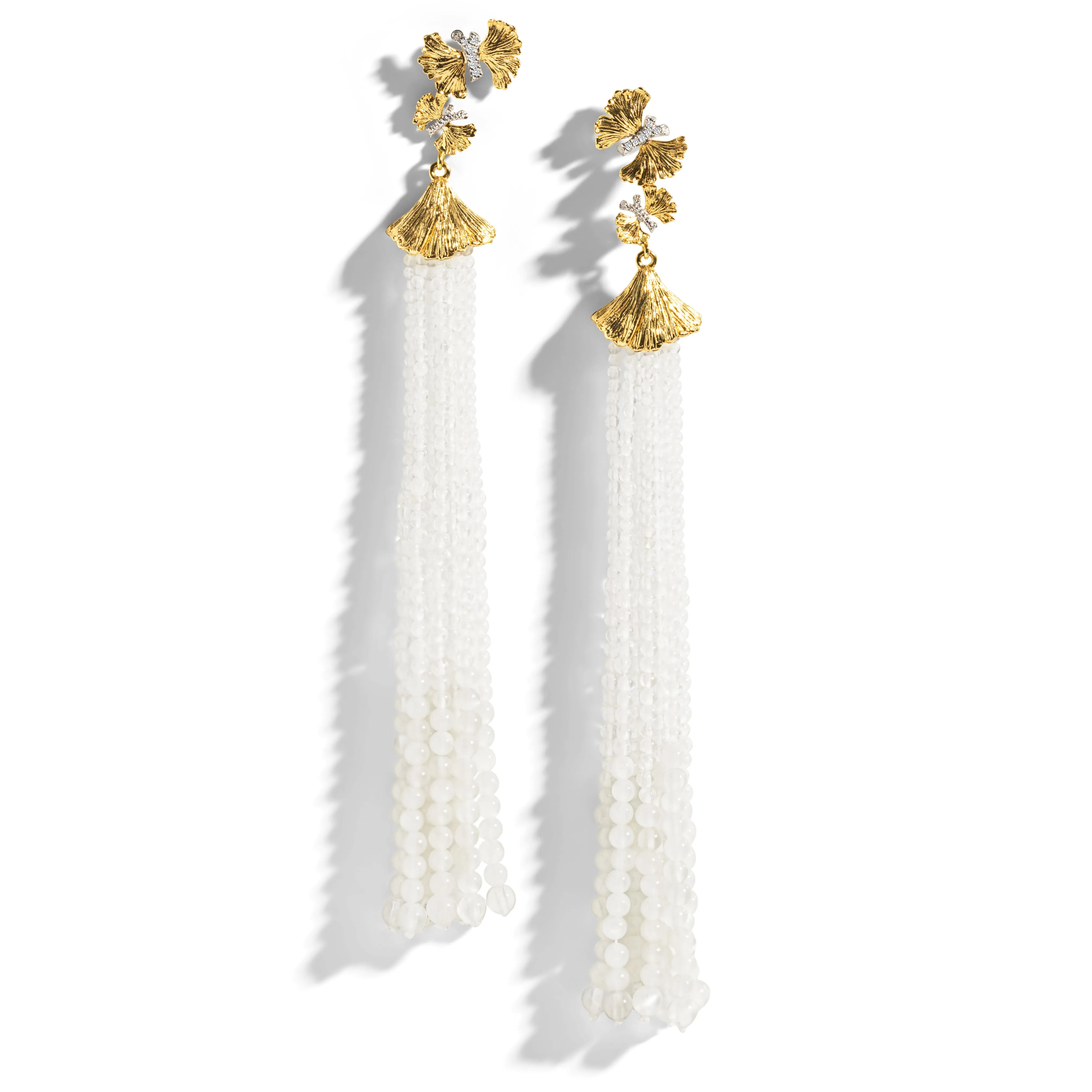 Butterfly Ginkgo Tassel Earrings with Moonstone and Diamonds