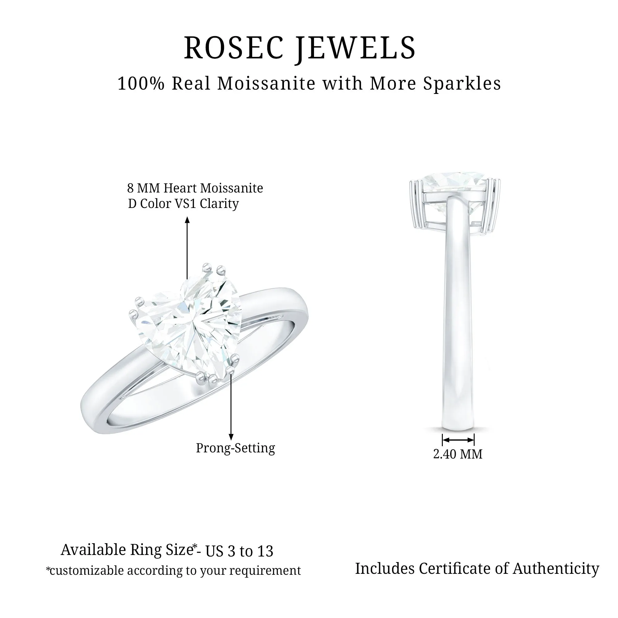Certified Moissanite Solitaire Heart Engagement Ring