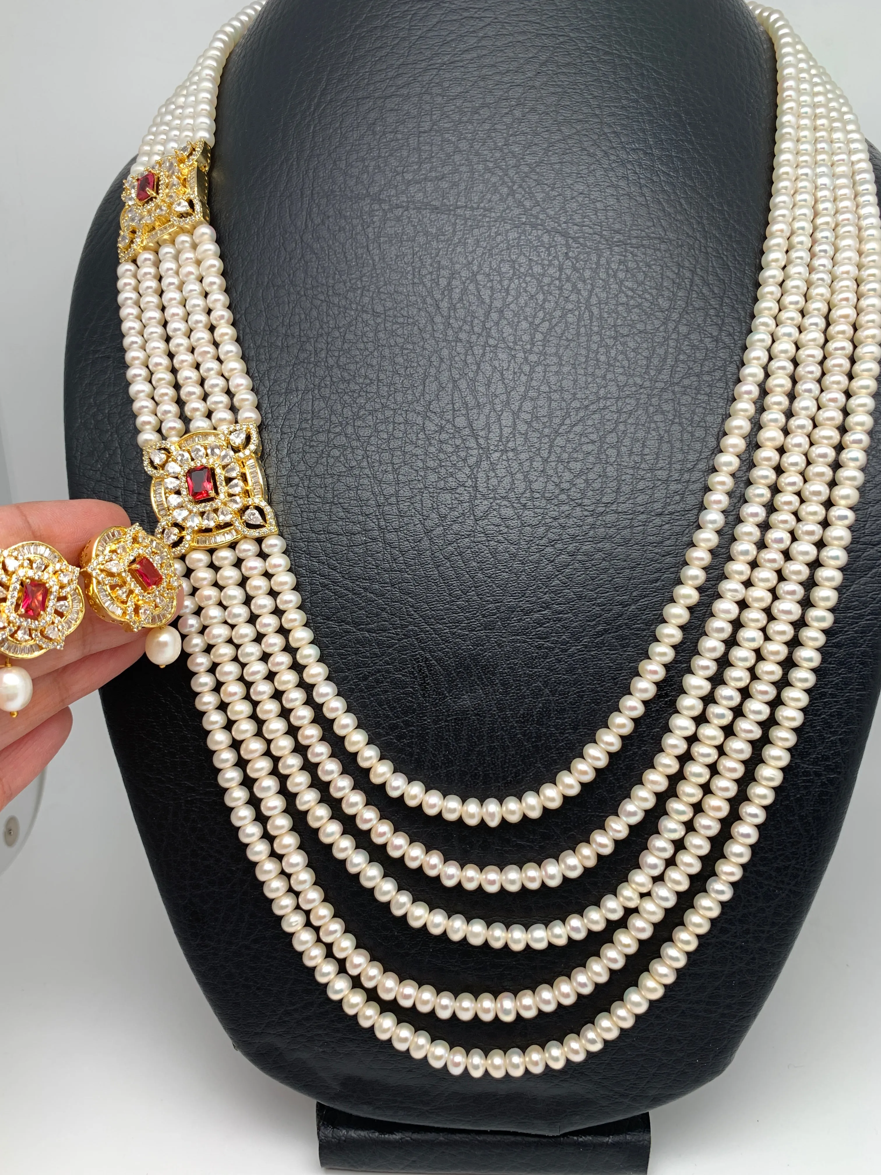 Champagne Red Stone AD Side Pendent Traditional 5 Strand Raani Haar with Real Pearls