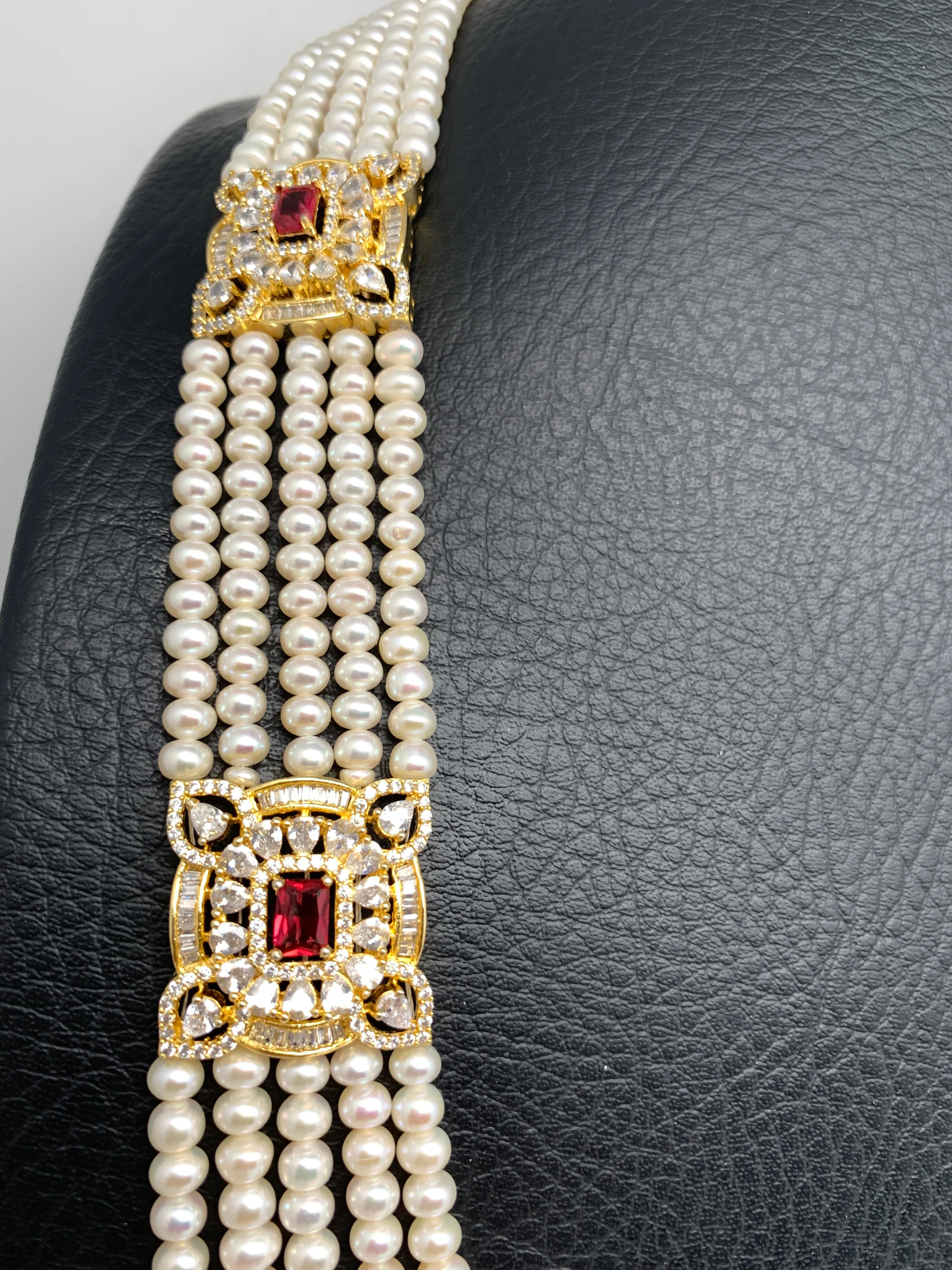Champagne Red Stone AD Side Pendent Traditional 5 Strand Raani Haar with Real Pearls