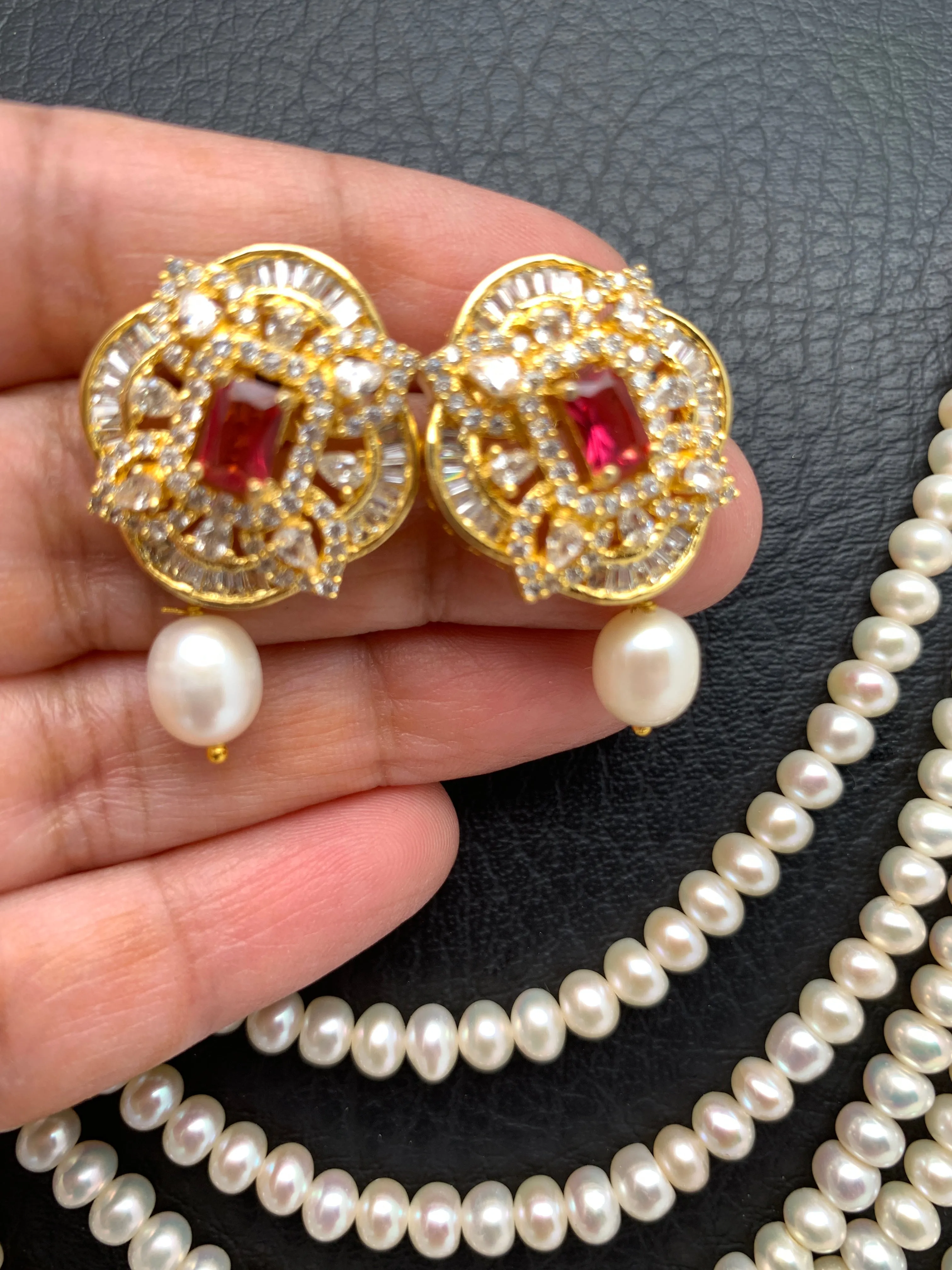 Champagne Red Stone AD Side Pendent Traditional 5 Strand Raani Haar with Real Pearls
