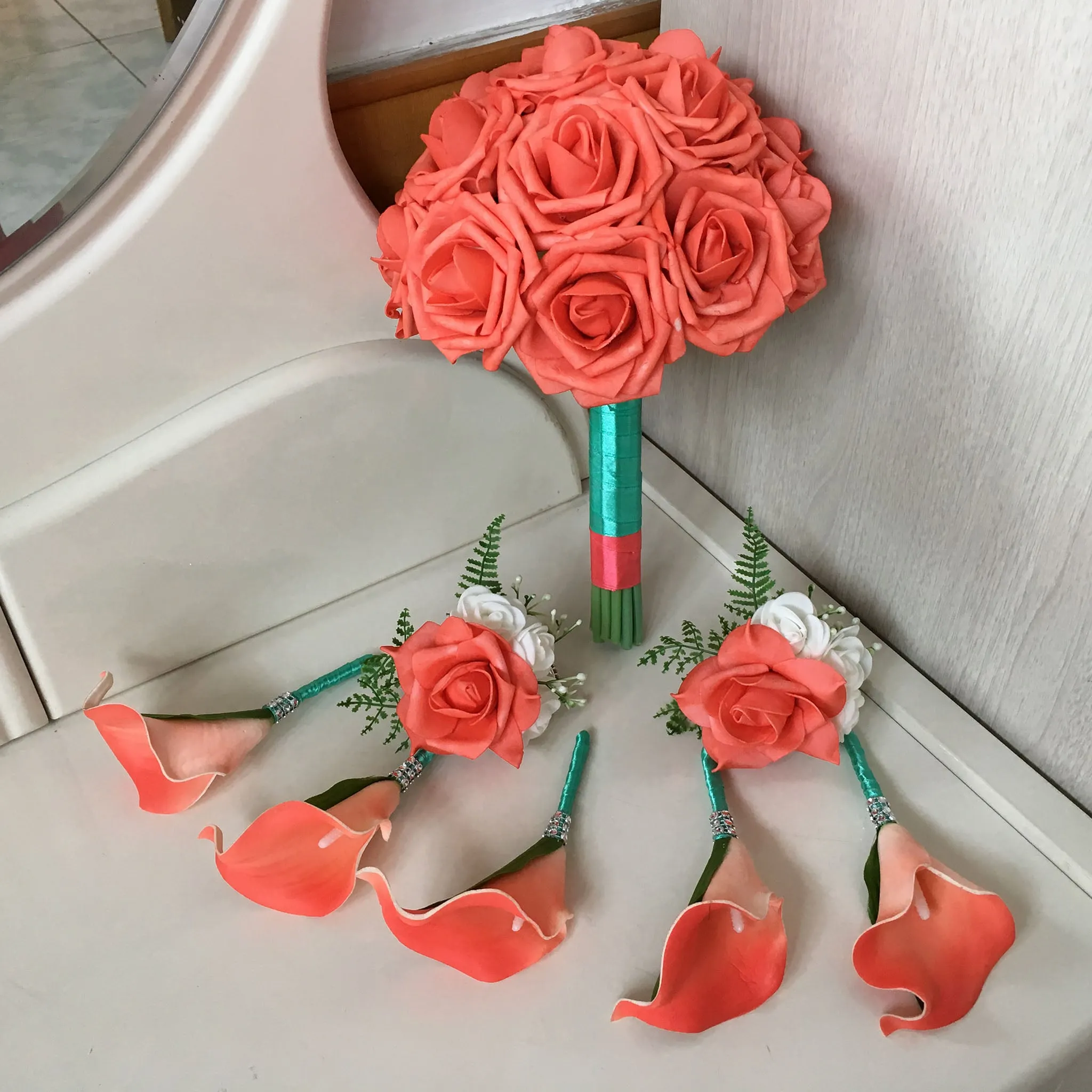 Coral Wedding Bouquet Corsages Boutonnieres