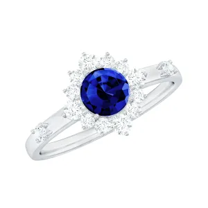Created Blue Sapphire Classic Halo Engagement Ring with Diamond