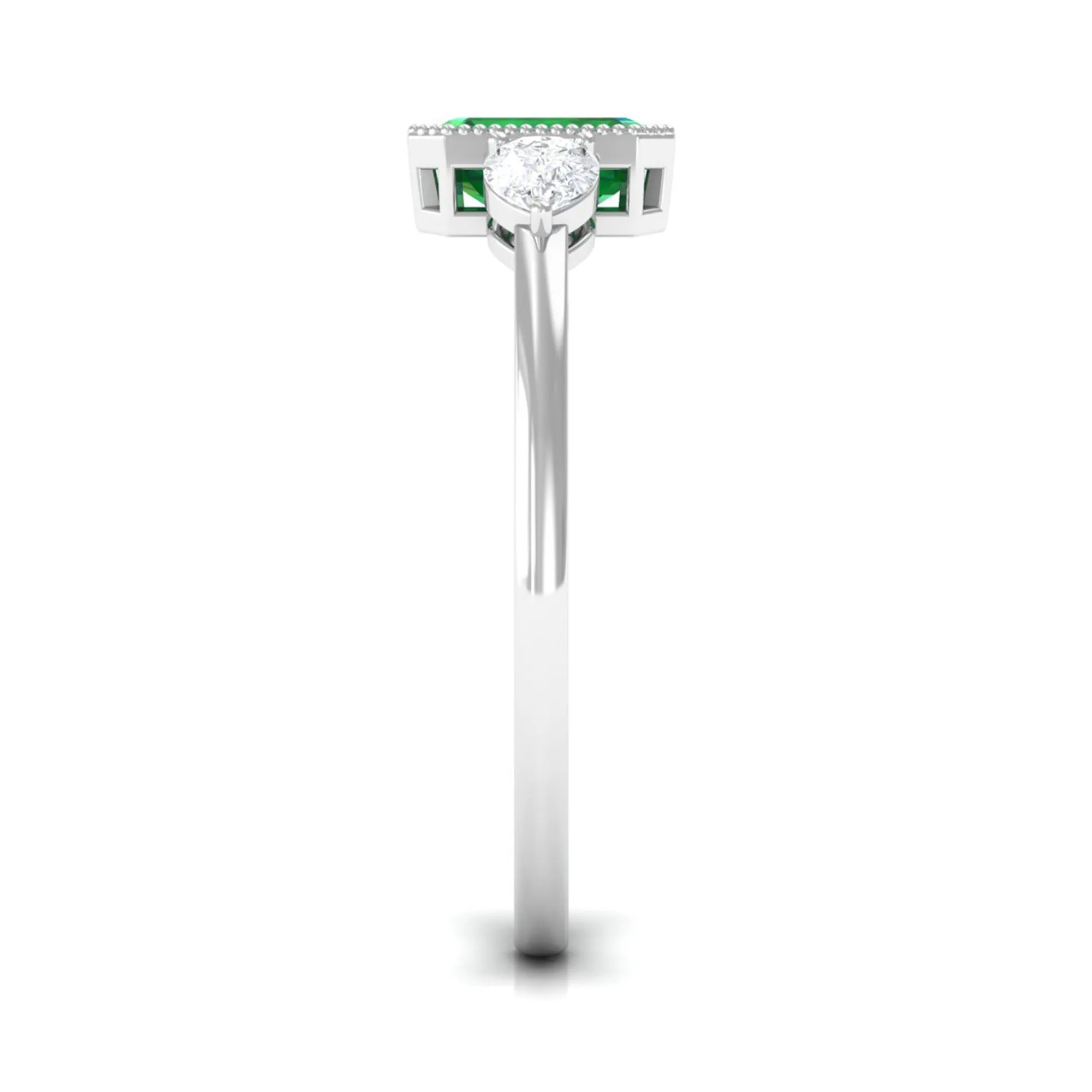 Created Emerald and Diamond Three Stone Ring in Bezel Setting