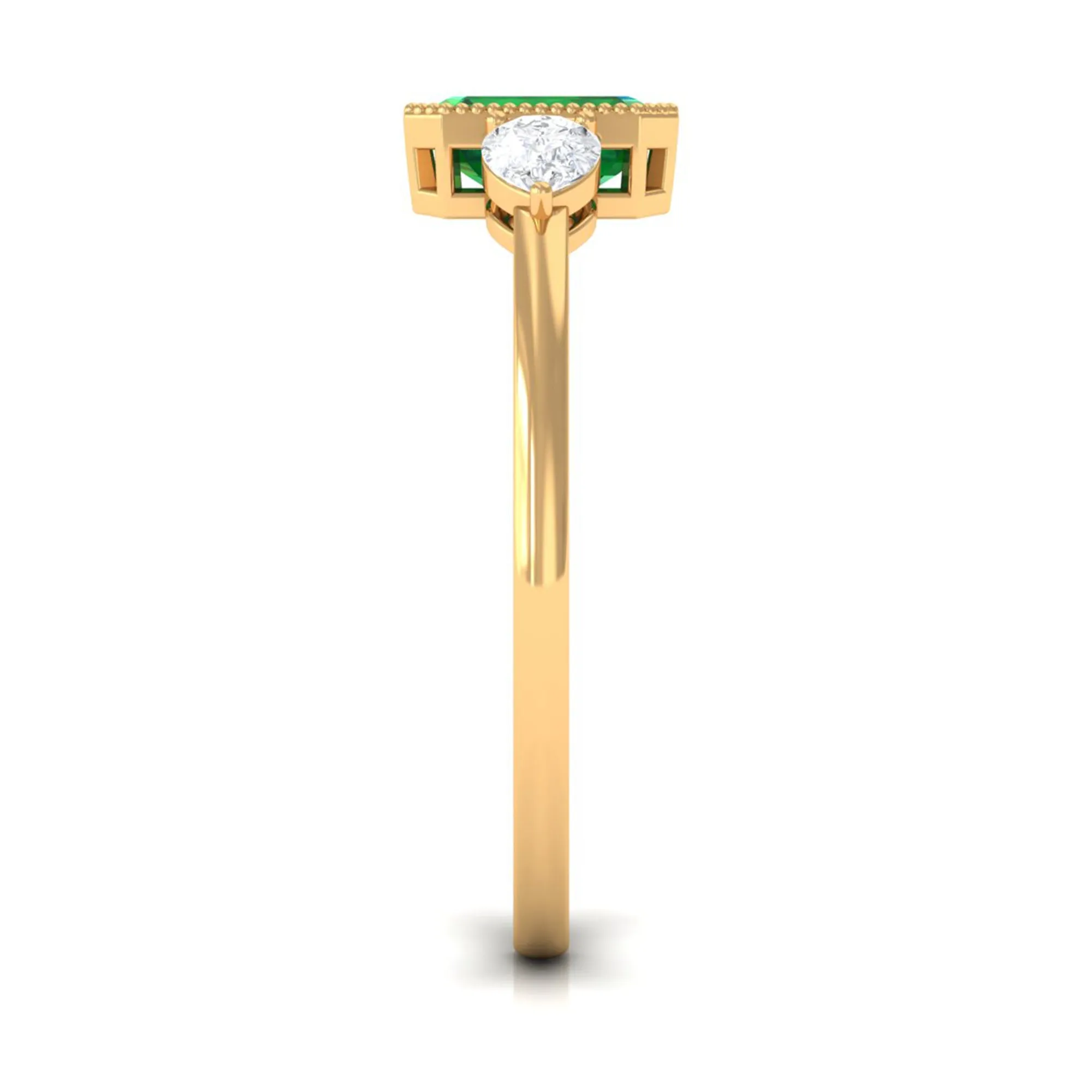 Created Emerald and Diamond Three Stone Ring in Bezel Setting
