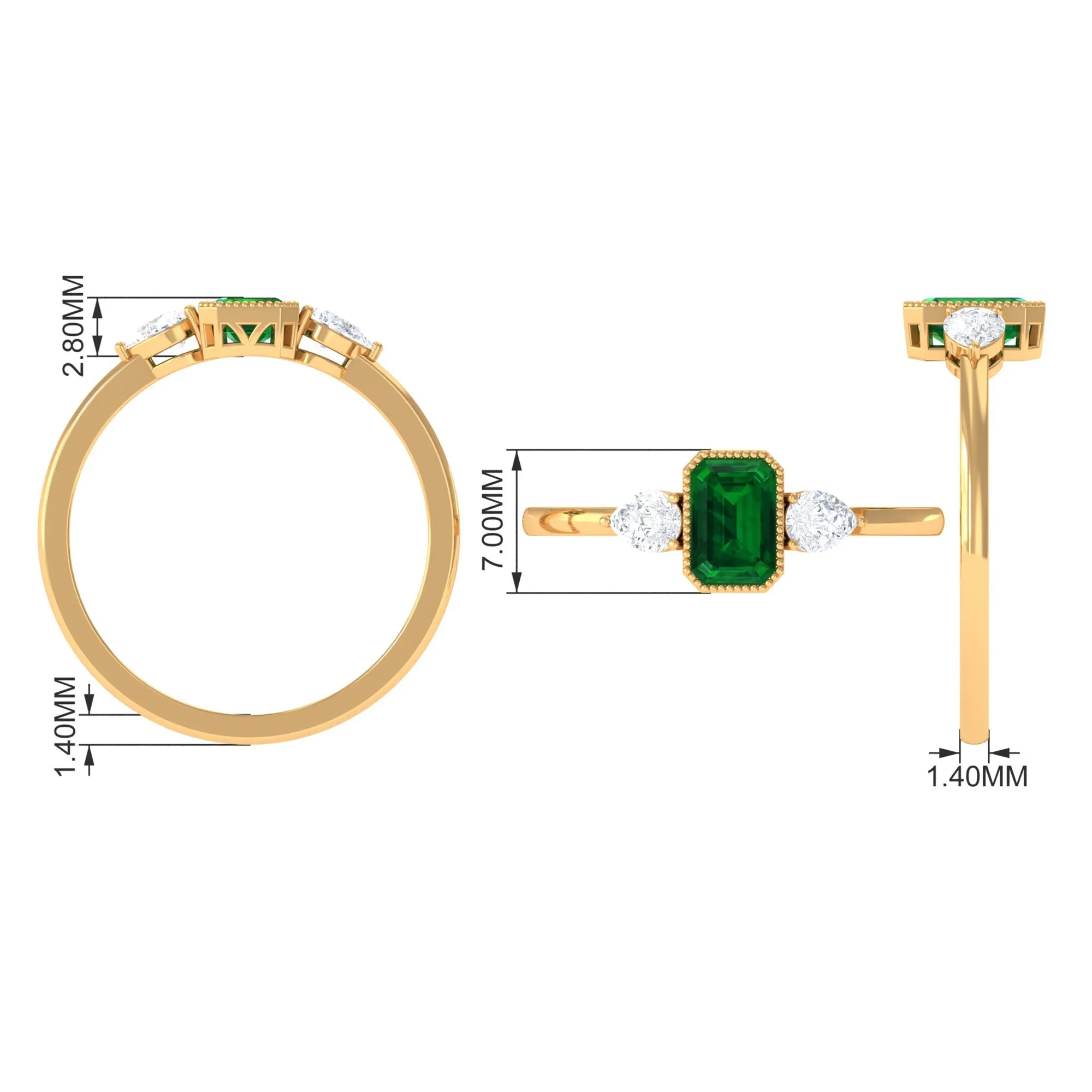 Created Emerald and Diamond Three Stone Ring in Bezel Setting