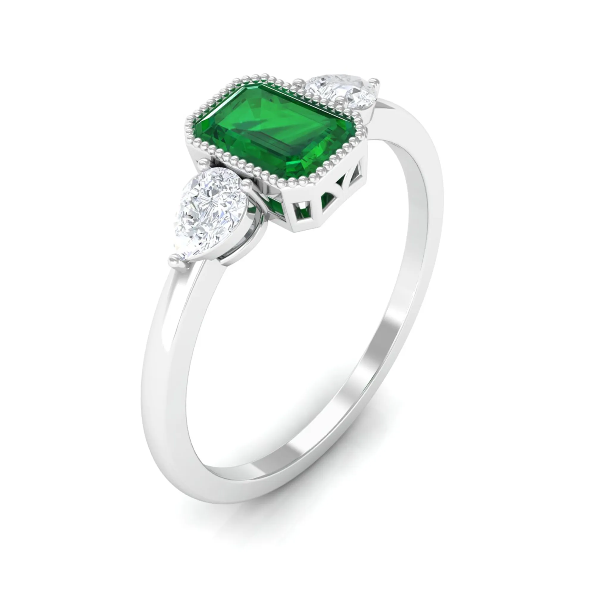 Created Emerald and Diamond Three Stone Ring in Bezel Setting
