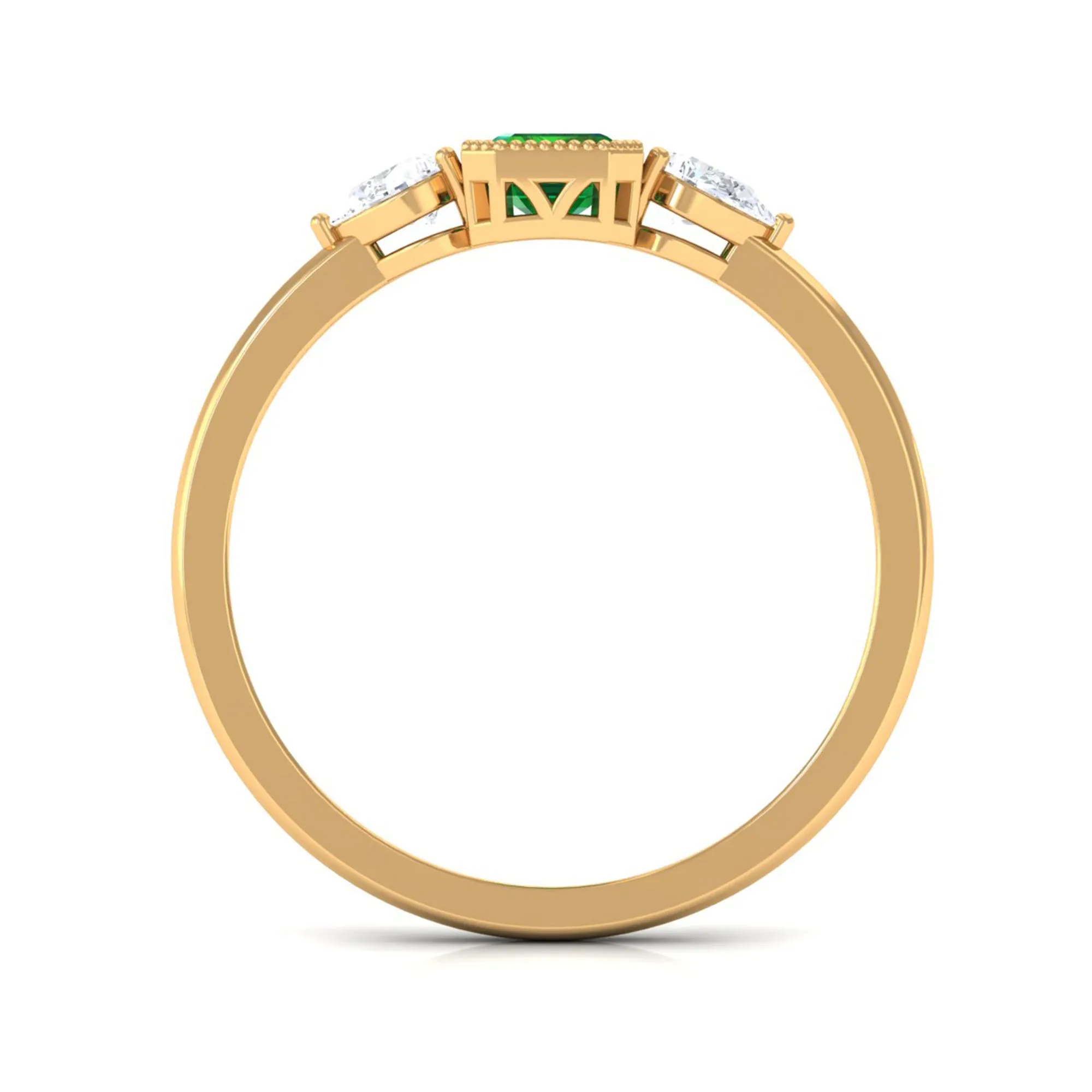 Created Emerald and Diamond Three Stone Ring in Bezel Setting