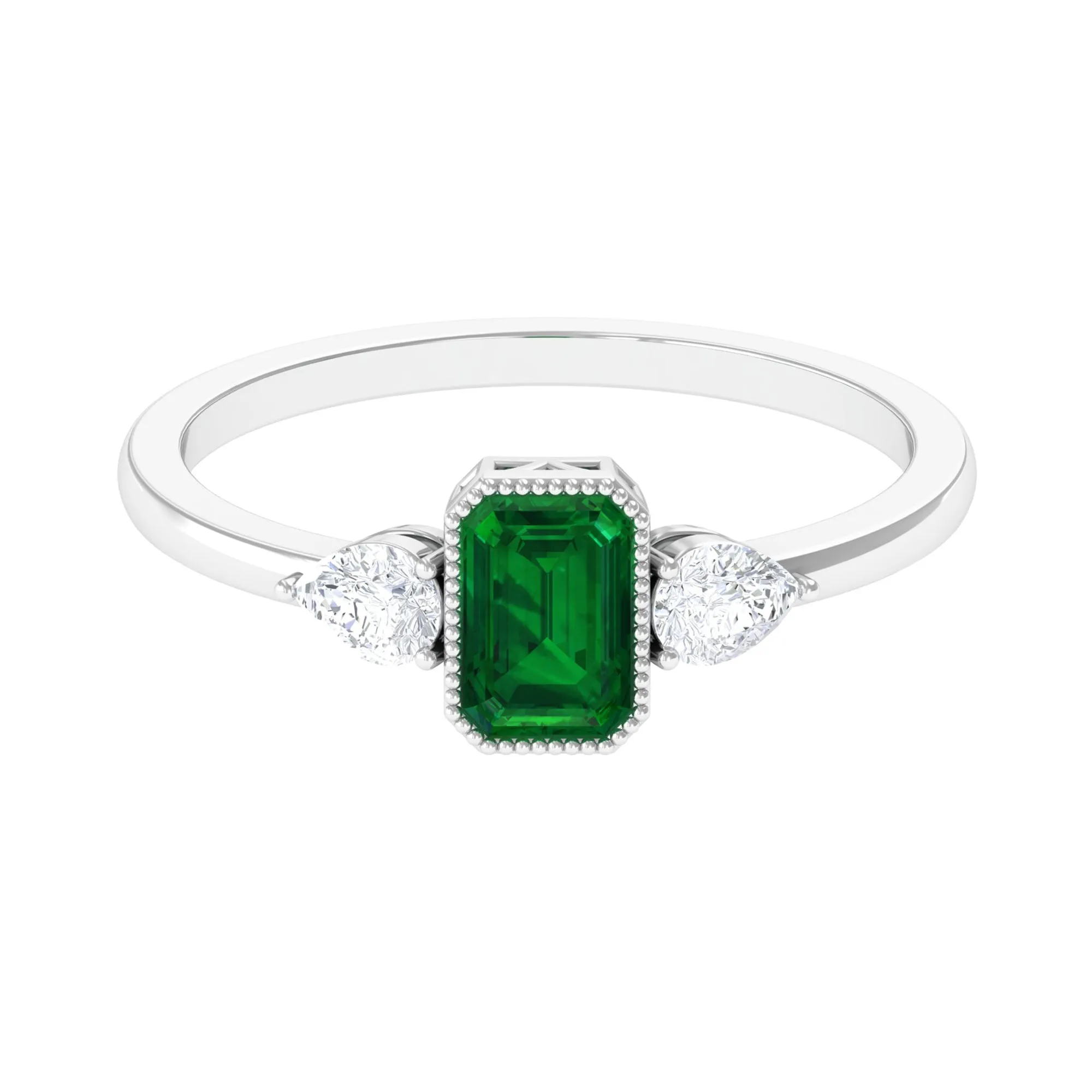 Created Emerald and Diamond Three Stone Ring in Bezel Setting