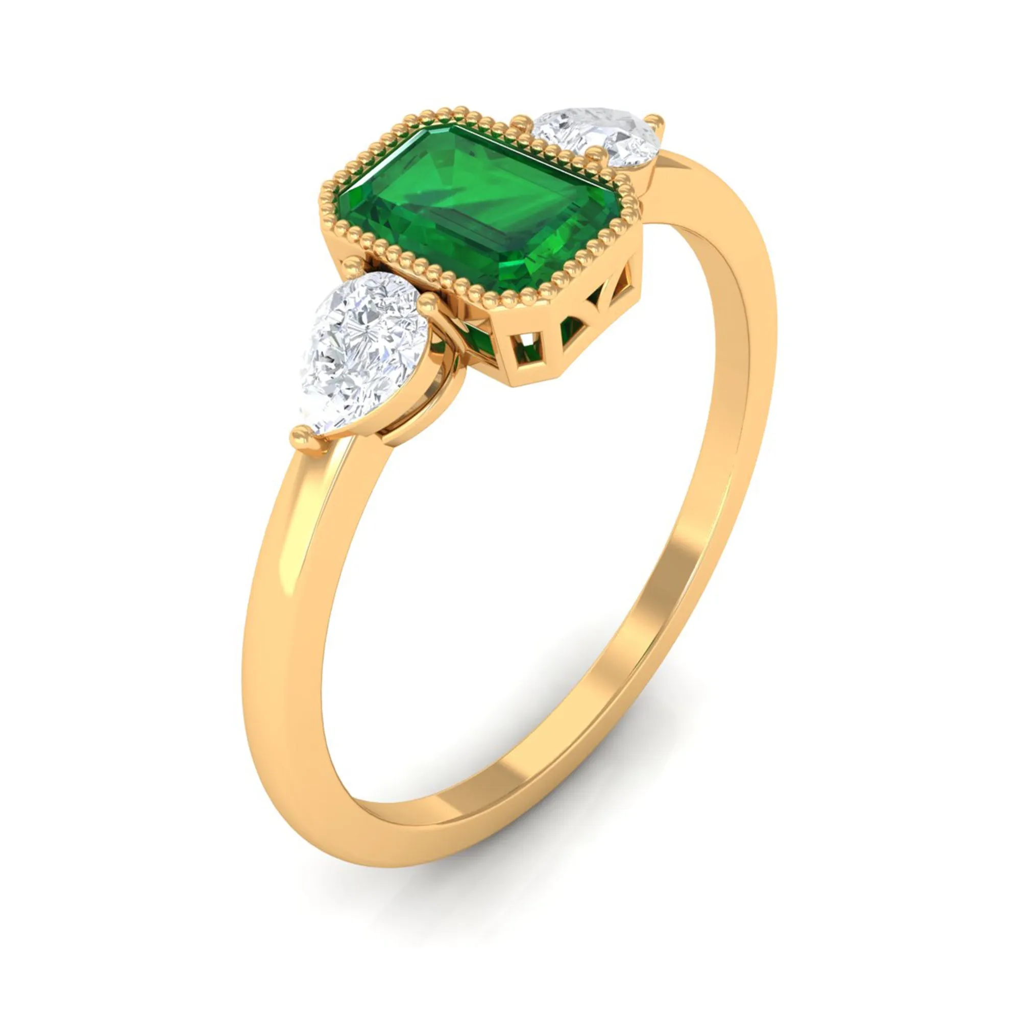 Created Emerald and Diamond Three Stone Ring in Bezel Setting