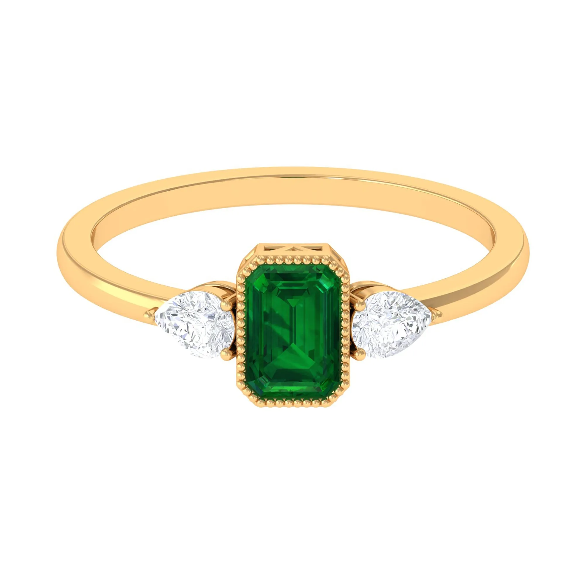 Created Emerald and Diamond Three Stone Ring in Bezel Setting
