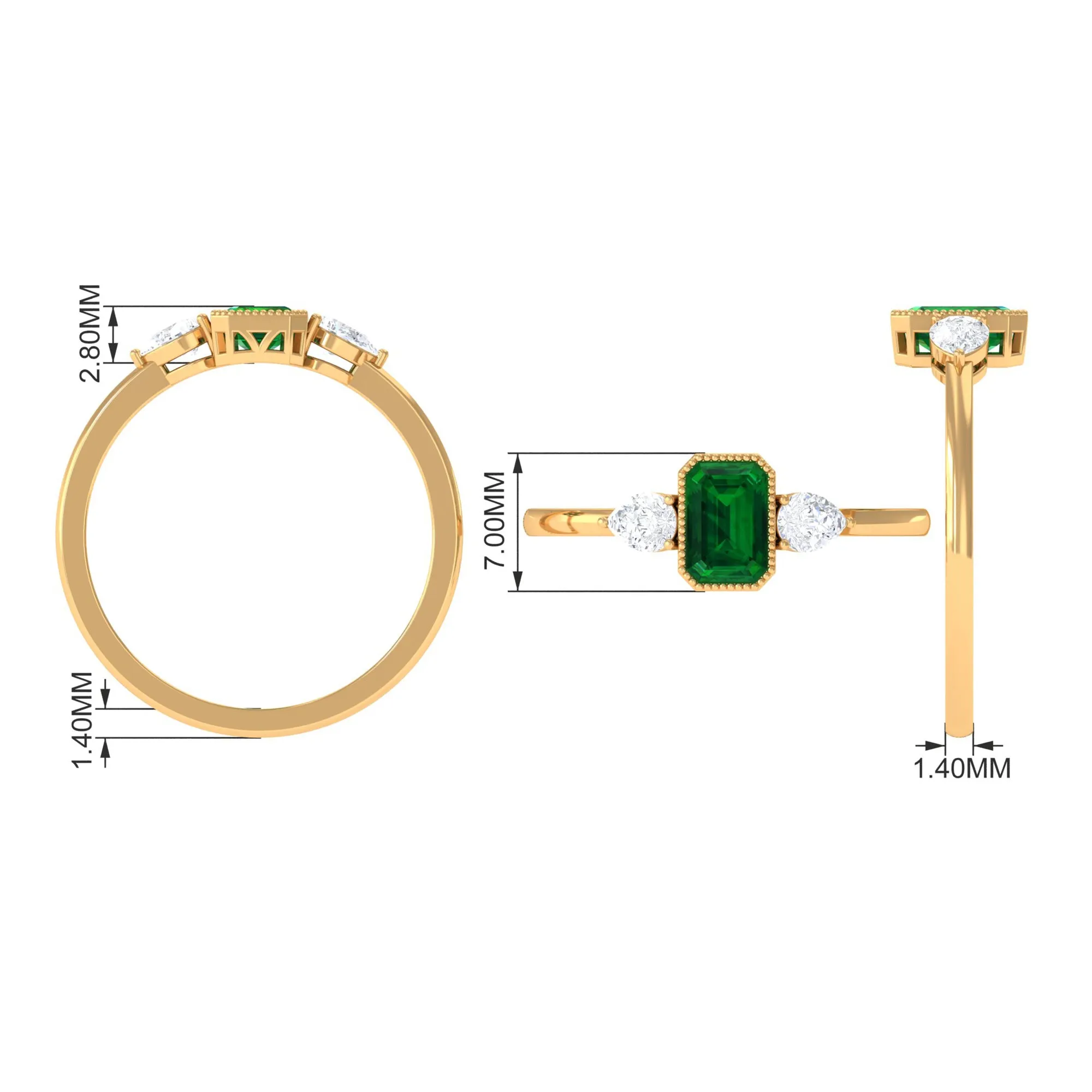 Created Emerald and Diamond Three Stone Ring in Bezel Setting