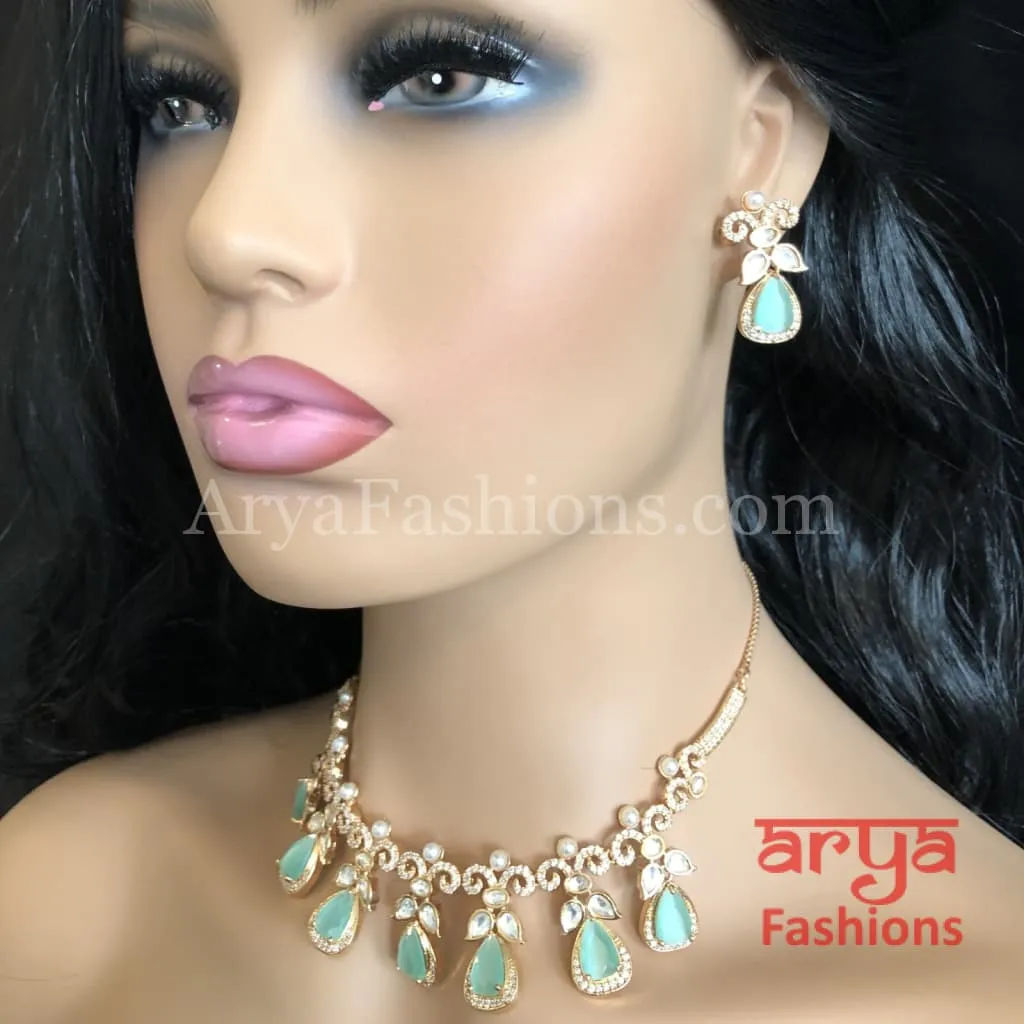 Cubic Zirconia Necklace with Blue Stones in Rose Gold Finish
