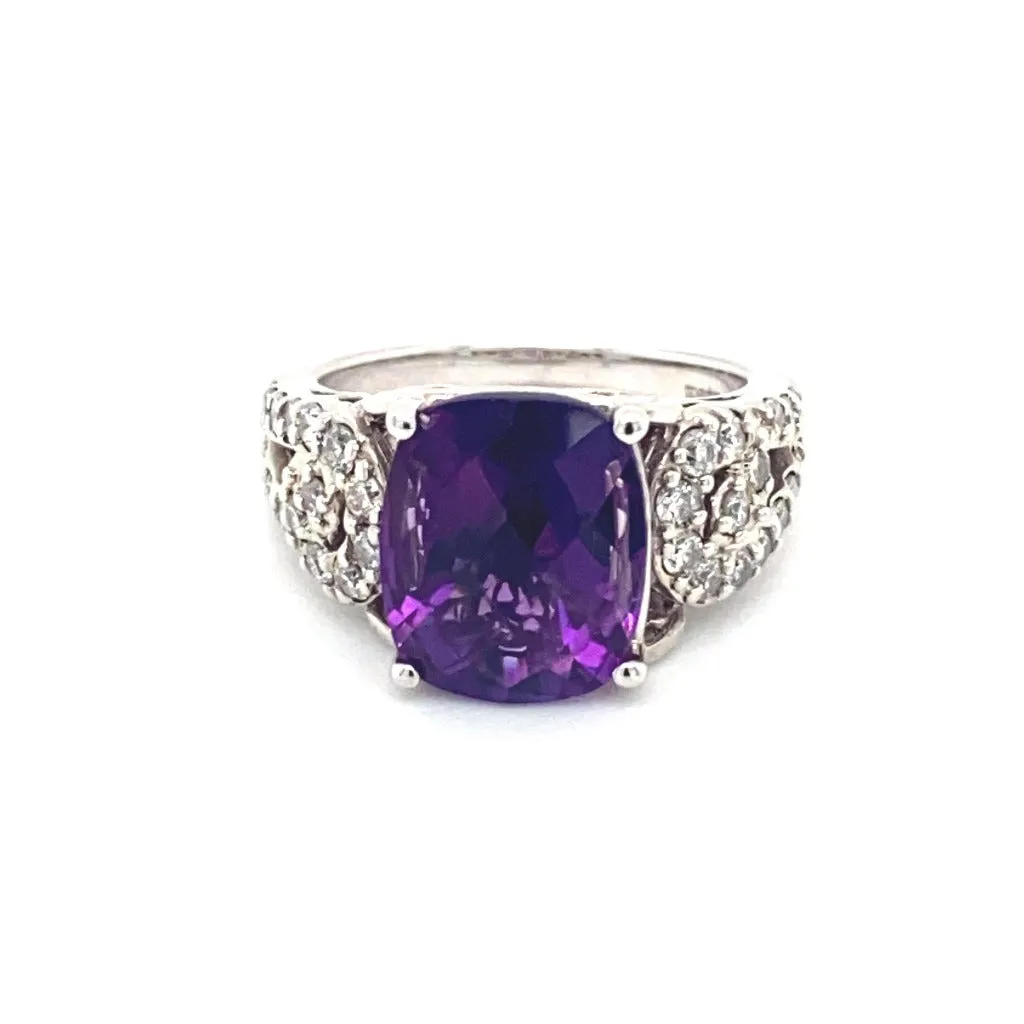 Cushion Cut Amethyst and 1ctw Diamond Ring 14kt white Gold