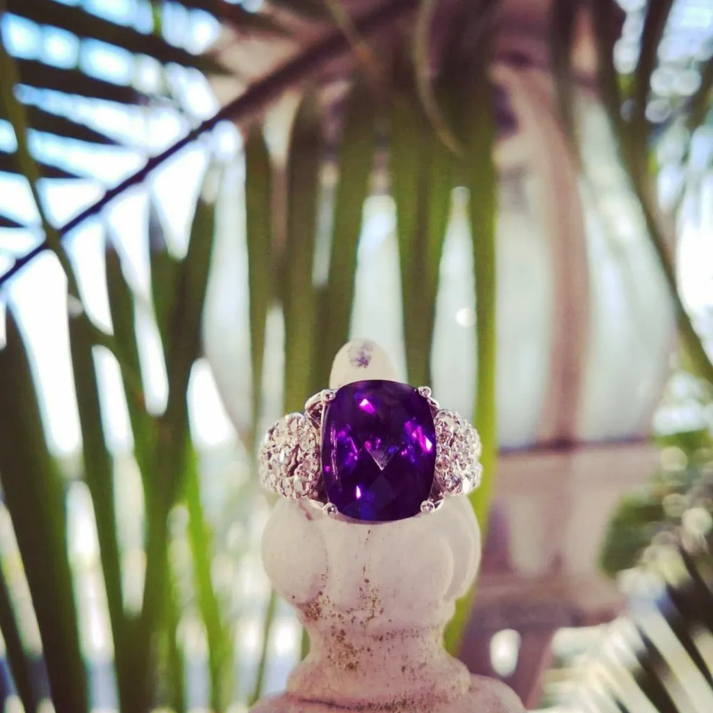 Cushion Cut Amethyst and 1ctw Diamond Ring 14kt white Gold