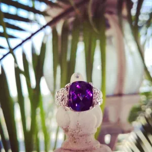 Cushion Cut Amethyst and 1ctw Diamond Ring 14kt white Gold
